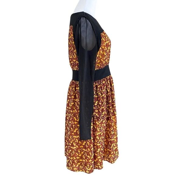 TED BAKER BARTA YELLOW ORANGE FLORAL BLACK SHEER CHIFFON PLEATED A-LINE DRESS - Picture 2 of 14